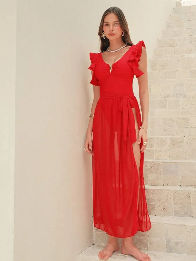 84Volt  Red Solid One-Piece Swimsuits and Skirts - As shown / S