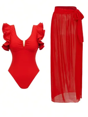 84Volt  Red Solid One-Piece Swimsuits and Skirts - As shown / S