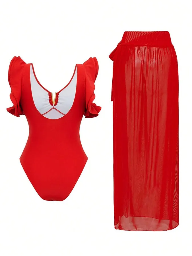 84Volt  Red Solid One-Piece Swimsuits and Skirts - As shown / S