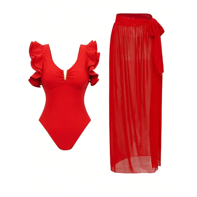 84Volt  Red Solid One-Piece Swimsuits and Skirts - As shown / S