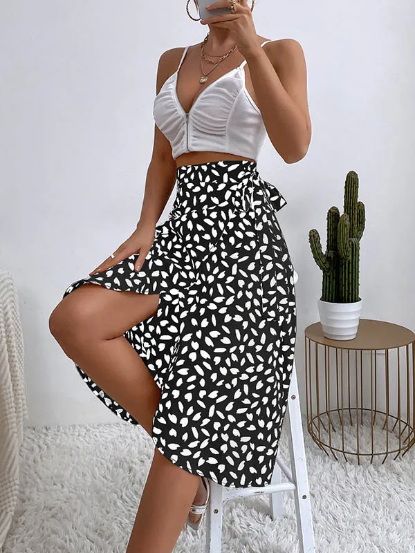 A-Line High-Low Printed Split-Front Tied Waist Skirts Bottoms