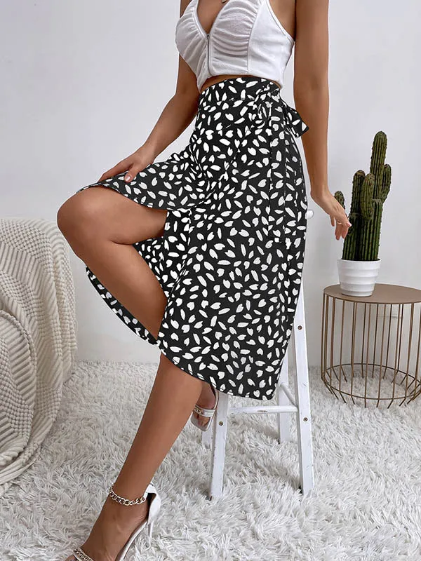 A-Line High-Low Printed Split-Front Tied Waist Skirts Bottoms