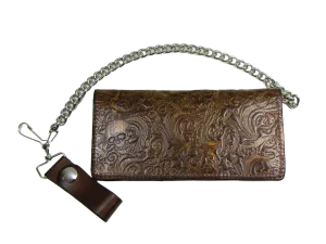 AB341-226 Antique Finish Long Bi-Fold Chain Wallet- Skulls