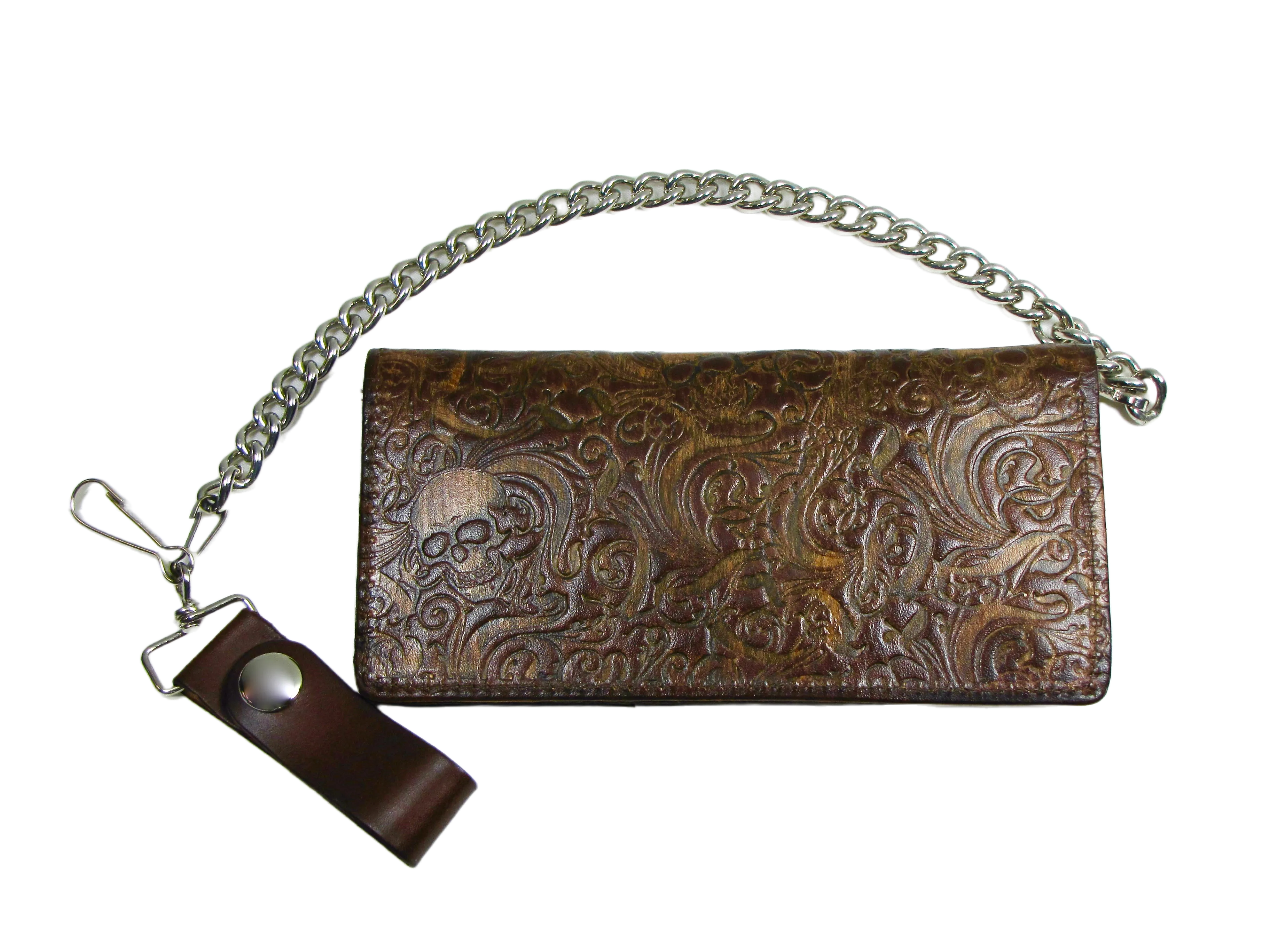 AB341-226 Antique Finish Long Bi-Fold Chain Wallet- Skulls