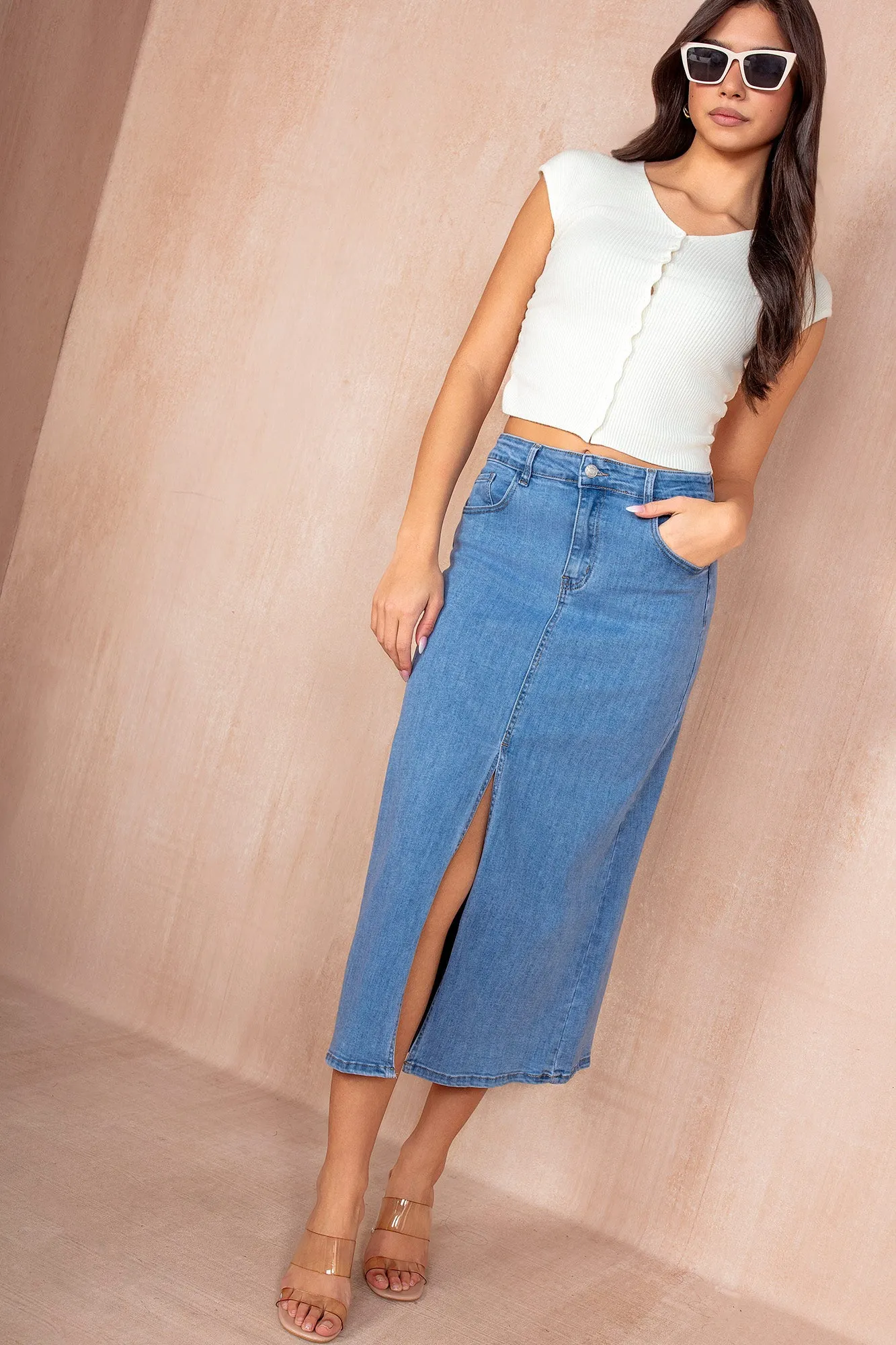 Aubree Blue Denim Midi Skirt