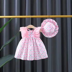 Baby Girls Cute Plaid Dress With Hat - Pink, Green