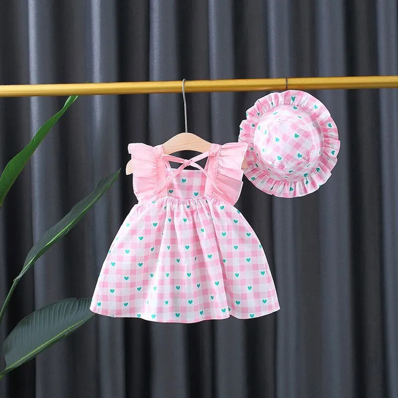 Baby Girls Cute Plaid Dress With Hat - Pink, Green