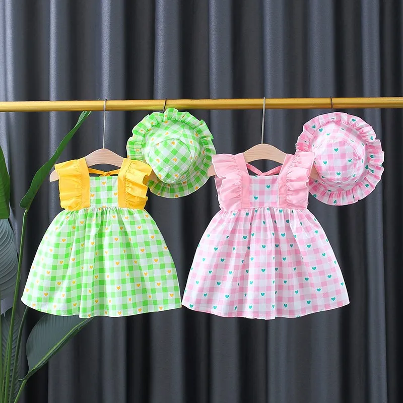 Baby Girls Cute Plaid Dress With Hat - Pink, Green