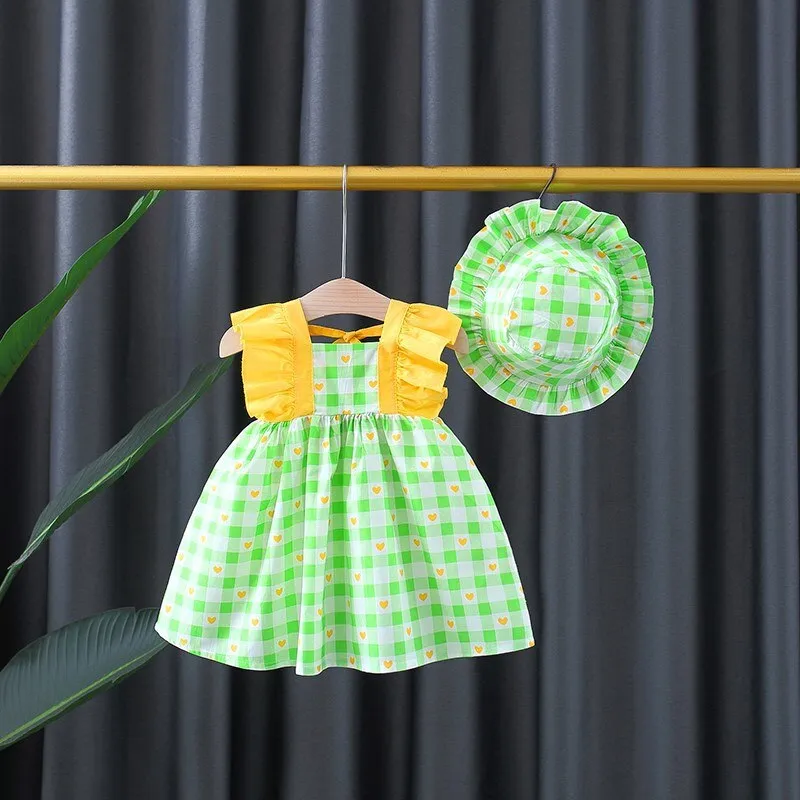 Baby Girls Cute Plaid Dress With Hat - Pink, Green