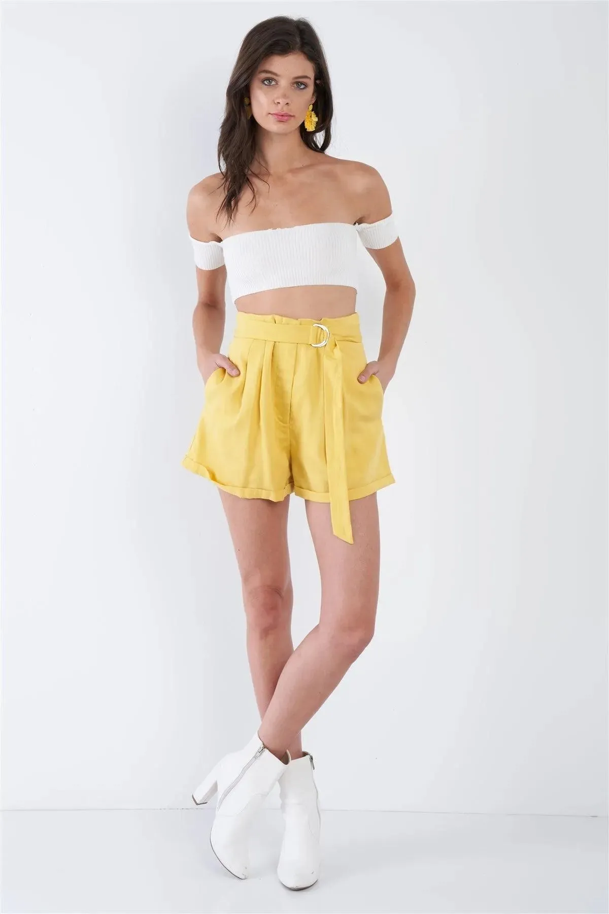 Banana Yellow High Waist Tie Sash Pleated Cuffed Hem Mini Shorts /4-2-1