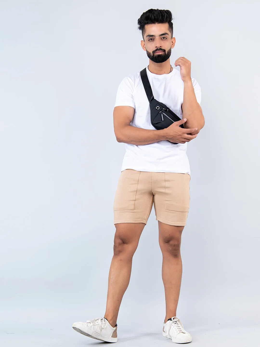 Beige Two Pockets Solid Pattern Cotton Shorts