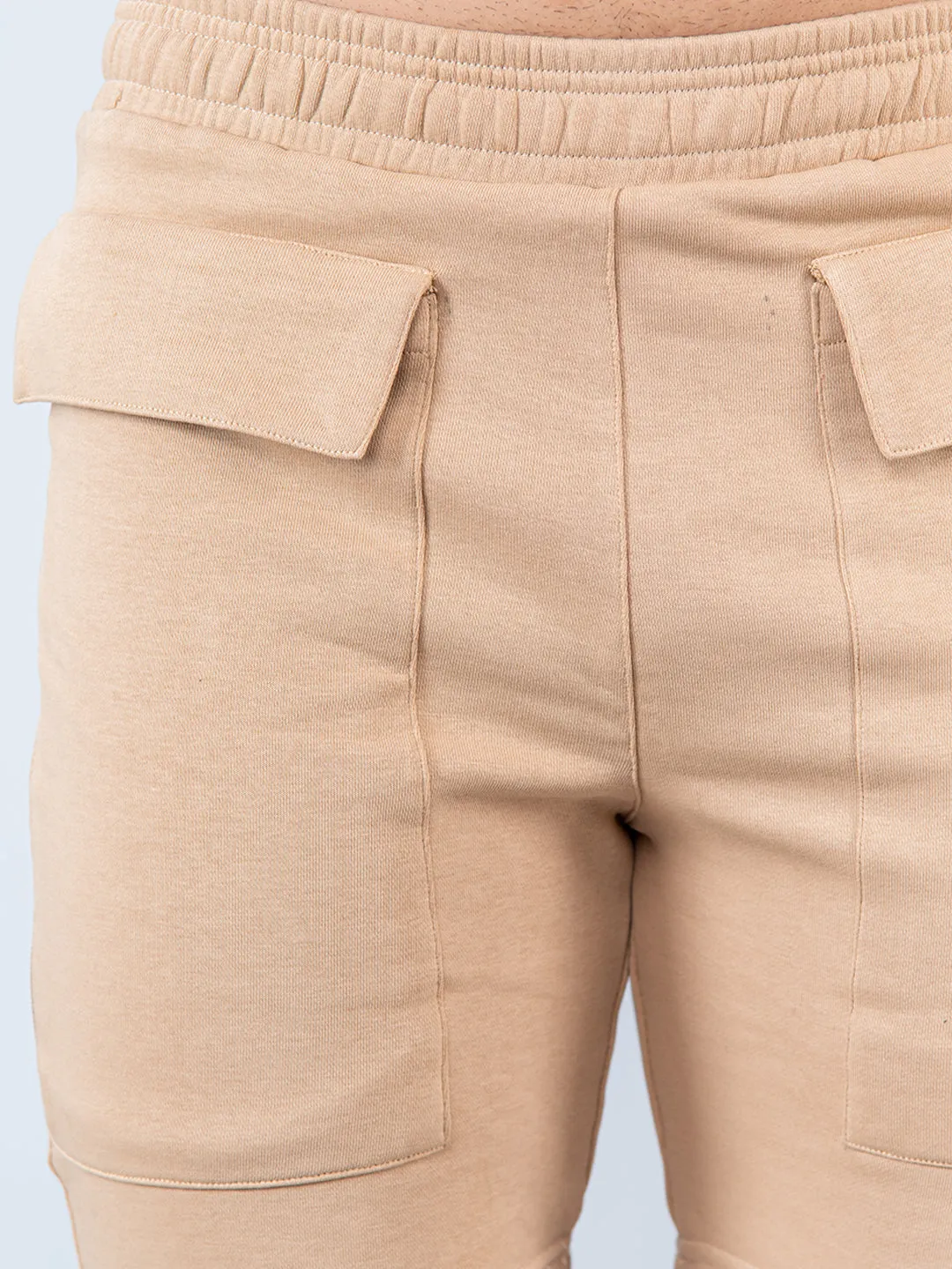 Beige Two Pockets Solid Pattern Cotton Shorts