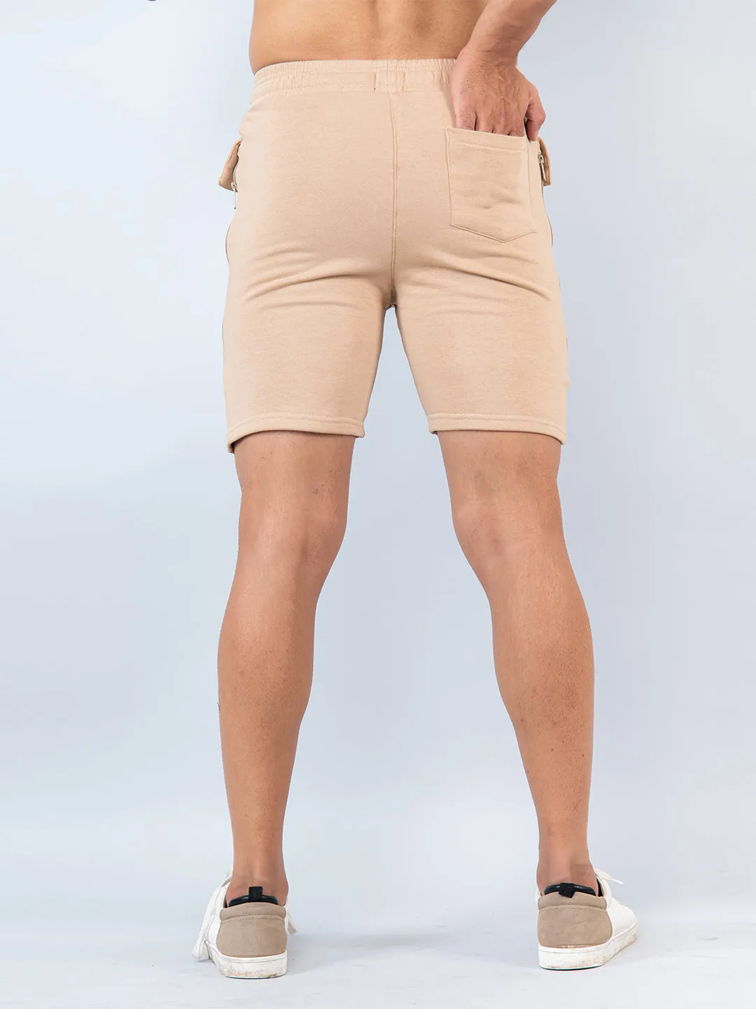 Beige Two Pockets Solid Pattern Cotton Shorts