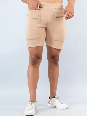 Beige Two Pockets Solid Pattern Cotton Shorts