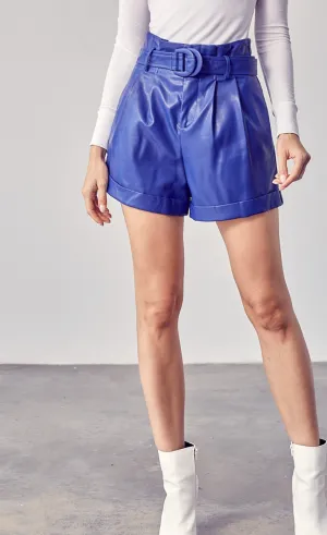 Belted Leather Shorts - Blue