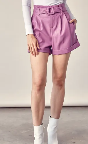 Belted Leather Shorts - Purple