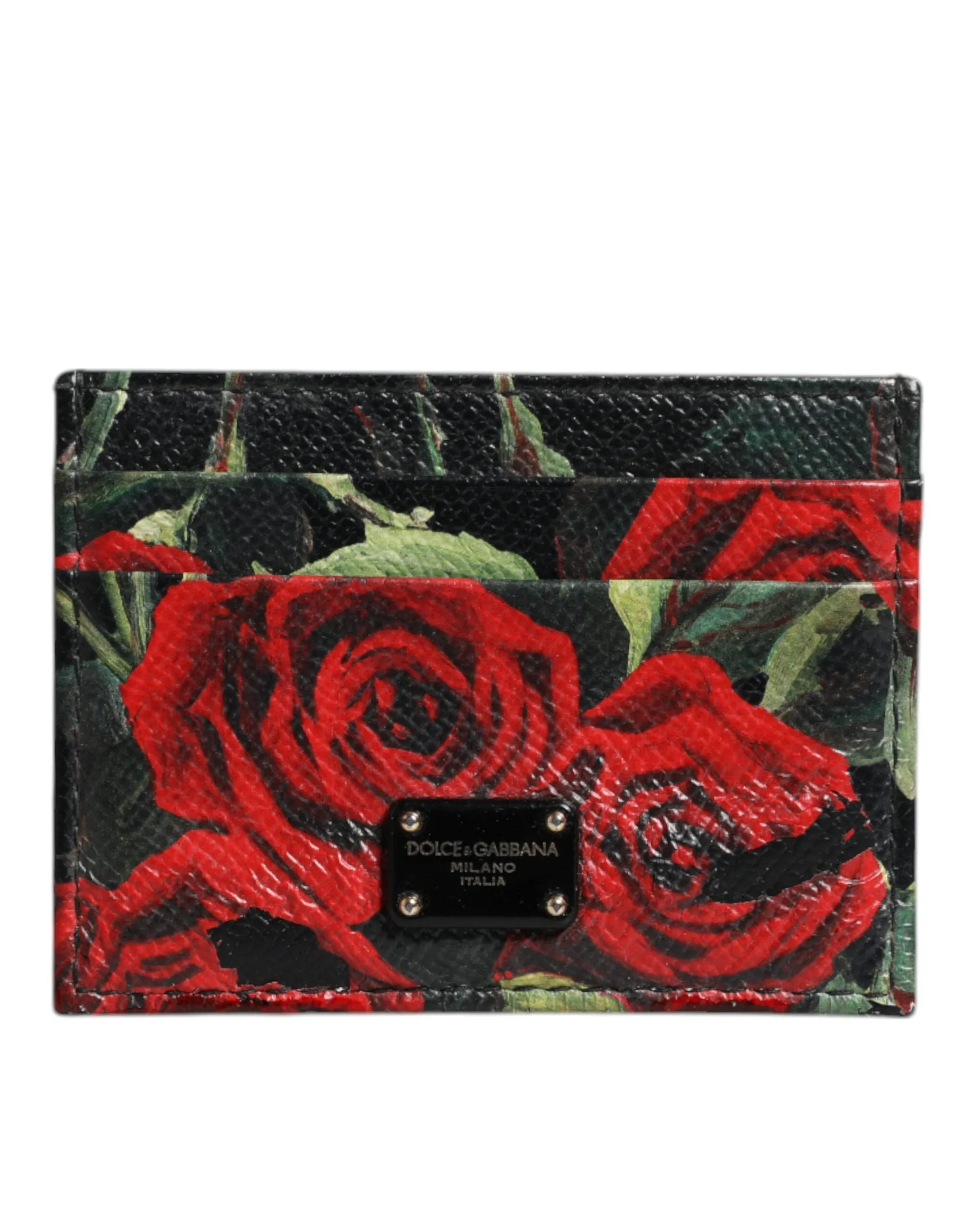 Black Floral Leather Card Holder DG Logo Plaque Wallet