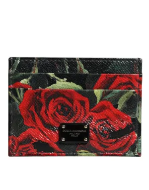 Black Floral Leather Card Holder DG Logo Plaque Wallet