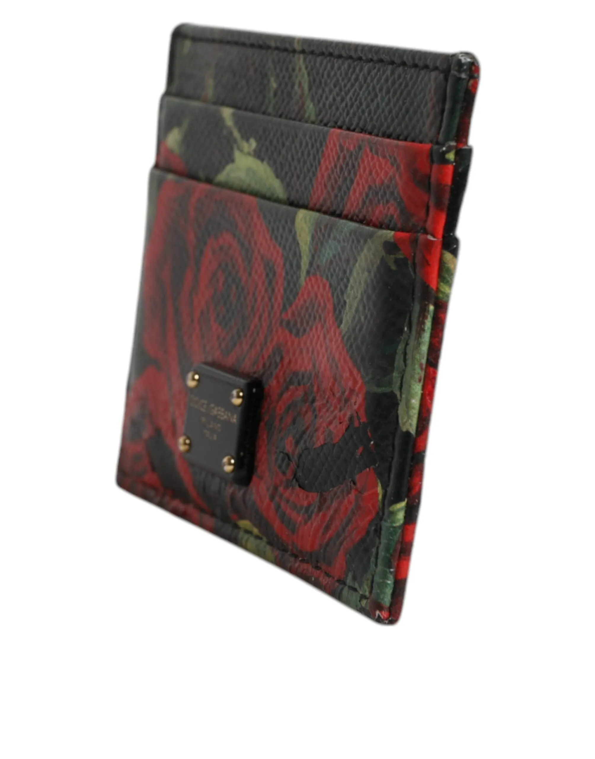 Black Floral Leather Card Holder DG Logo Plaque Wallet
