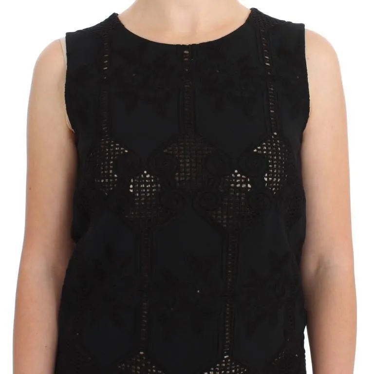 Black Floral Silk Crewneck Top