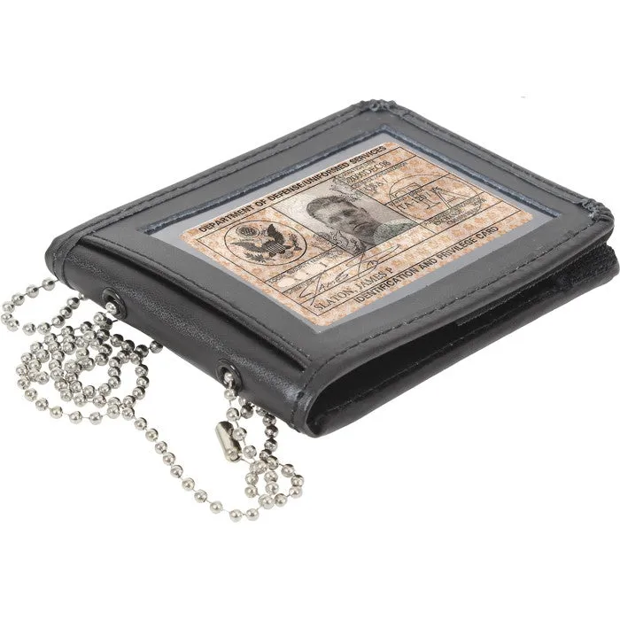 Black Leather Bi-Fold ID Holder & Neck Chain Clear PVC Pocket Wallet