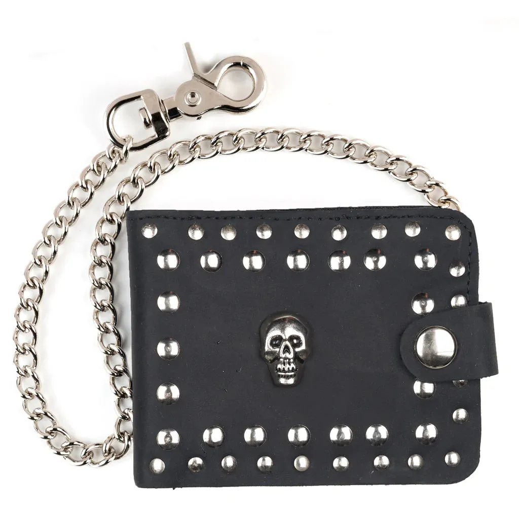 Black Leather Bi-Fold Wallet w/ Silver Flat Studs, Skull Stud and Chain