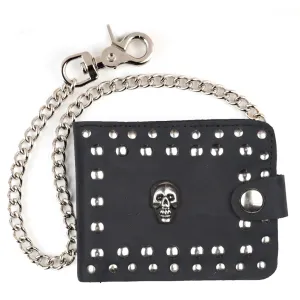 Black Leather Bi-Fold Wallet w/ Silver Flat Studs, Skull Stud and Chain