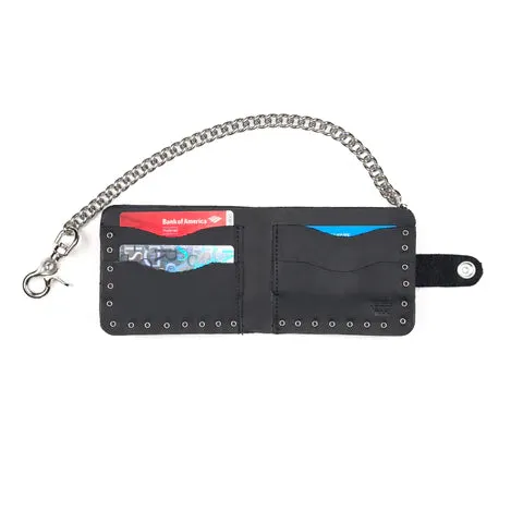 Black Leather Bi-Fold Wallet w/ Silver Flat Studs, Skull Stud and Chain