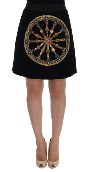 Black Wool Carretto Crystal A-Line Skirt