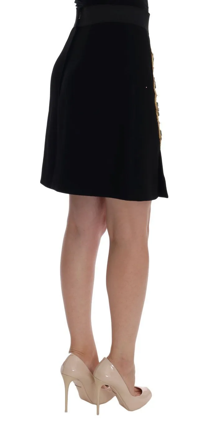 Black Wool Carretto Crystal A-Line Skirt