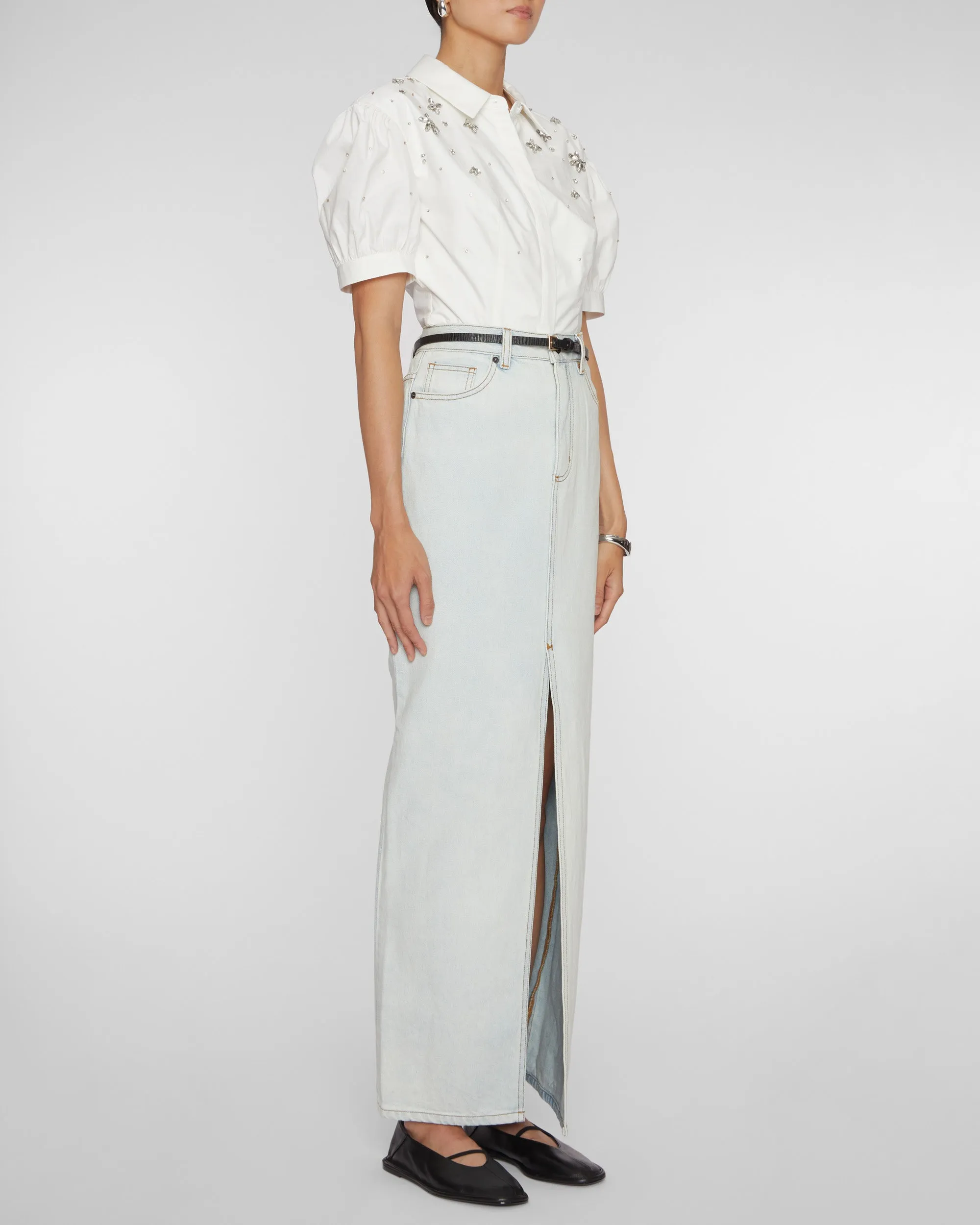 Bleach Wash Denim Maxi Skirt