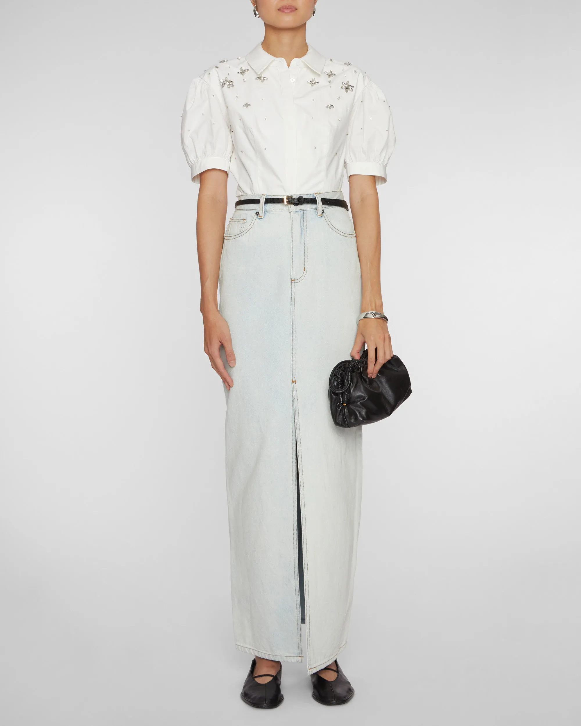 Bleach Wash Denim Maxi Skirt