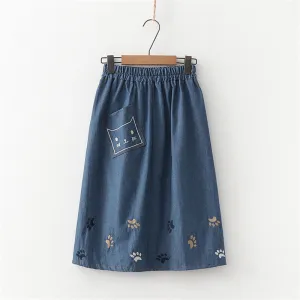 BLUE CAT FOOTPRINT EMBROIDERED DENIM SKIRT UB2498