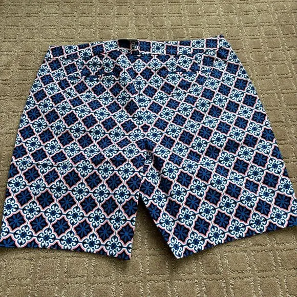 Boden Geo Floral Print Shorts Blue Pink Size US 14 Preppy Chino NWT 9&quot;