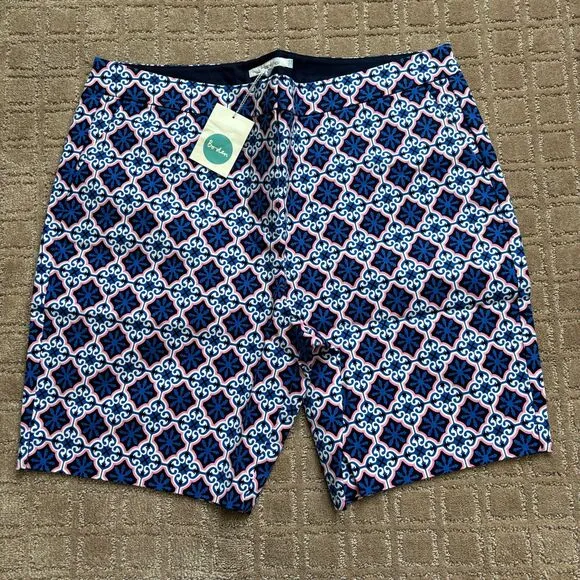 Boden Geo Floral Print Shorts Blue Pink Size US 14 Preppy Chino NWT 9&quot;