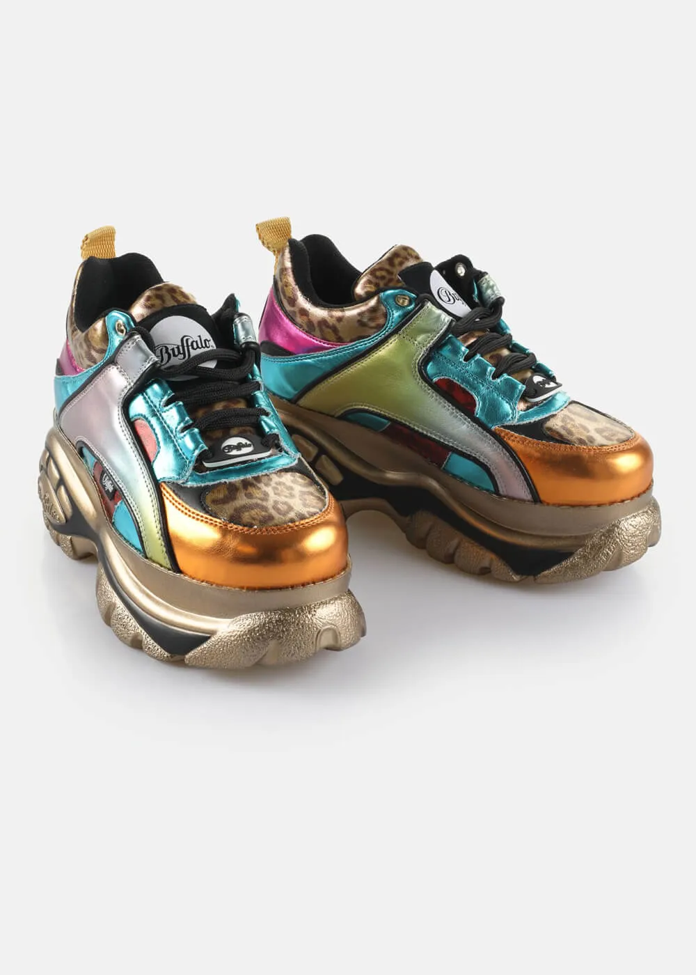 Buffalo London 1339-14 Rev Vegan Platform Sneakers in Pink Aqua Orange Leo