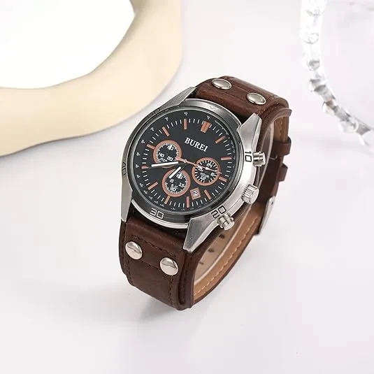 BUREI Men Watches,Waterproof Analog Dress Wrist Brown Leather Watches for Men with Black dial,Multifunction Watches for Men.