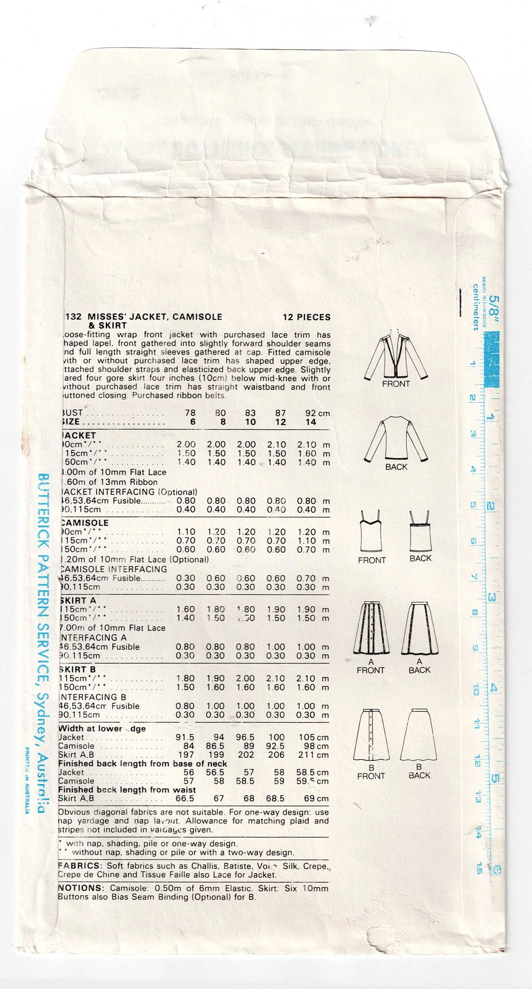 Butterick 3132 Womens Camisole Skirt & Jacket 1980s Vintage Sewing Pattern Size 12 Bust 34 inches UNCUT Factory Folded