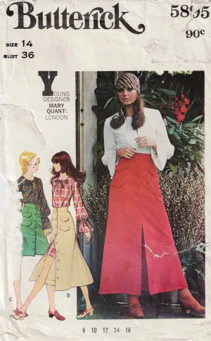 Butterick 5895 MARY QUANT Womens Hippie Blouse or Dress & A Line Skirt with Pocket Flaps 1970s Vintage Sewing Pattern Size 14 Bust 36 inches