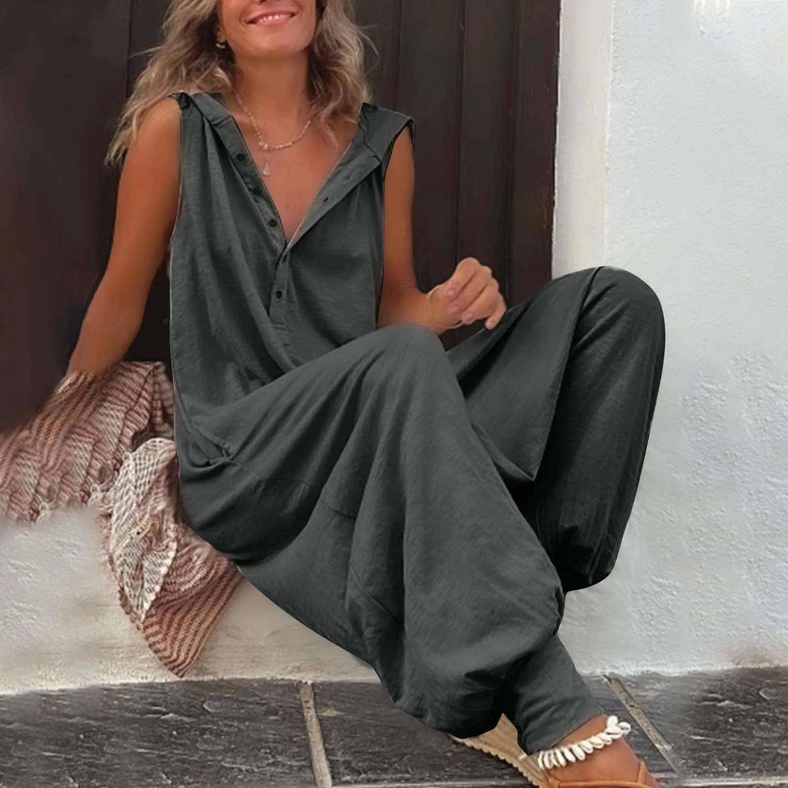 Button Down Hooded  Jumpsuit