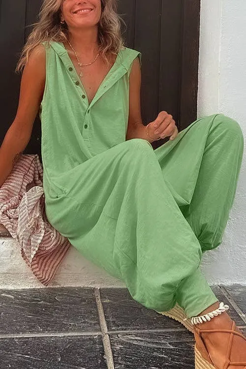 Button Down Hooded  Jumpsuit