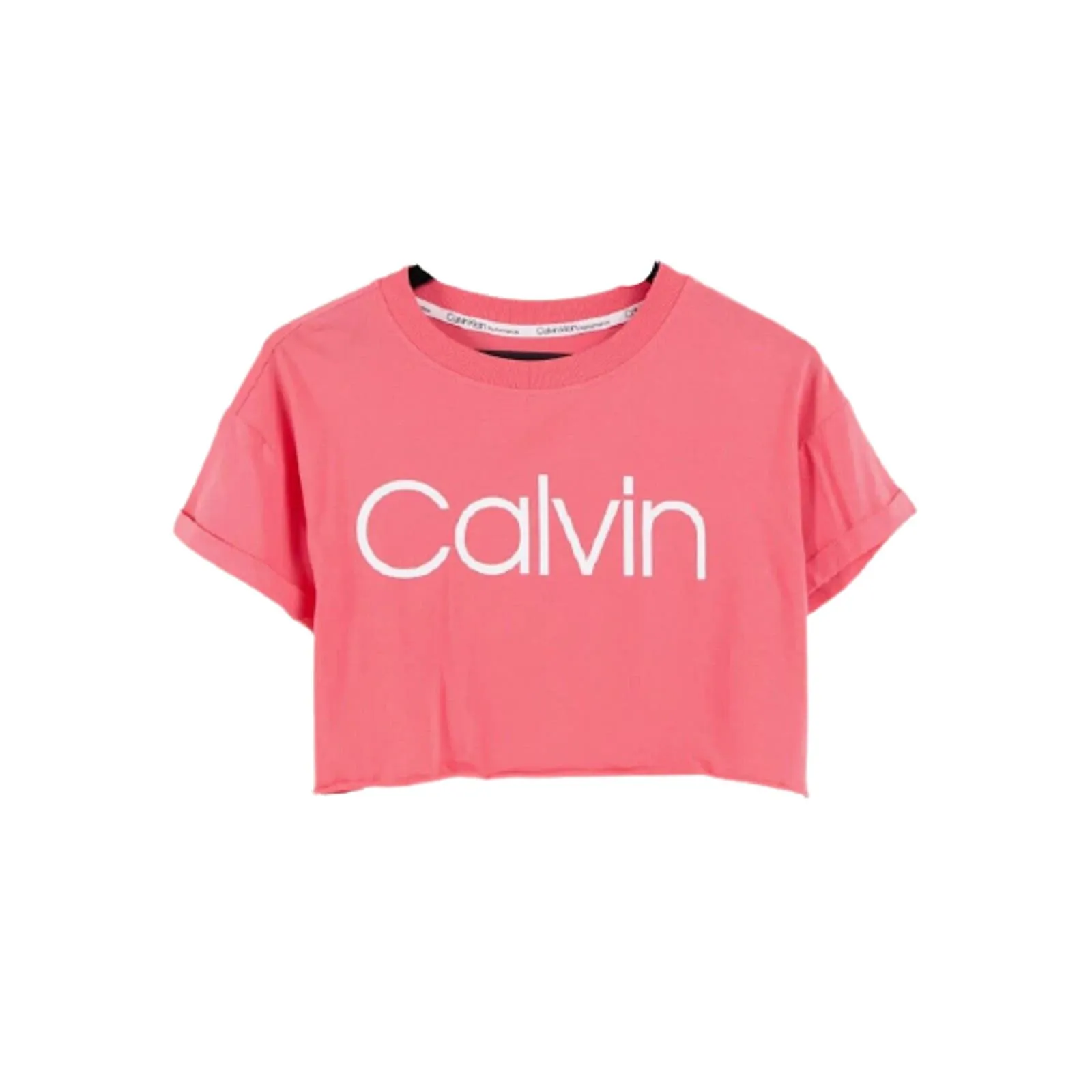 Calvin Klein Womens Cropped Raw Hem Logo T-Shirt Radiance Coral, NWT