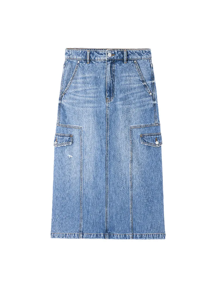 Cargo Style Slit Denim Skirt