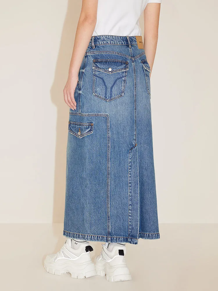 Cargo Style Slit Denim Skirt