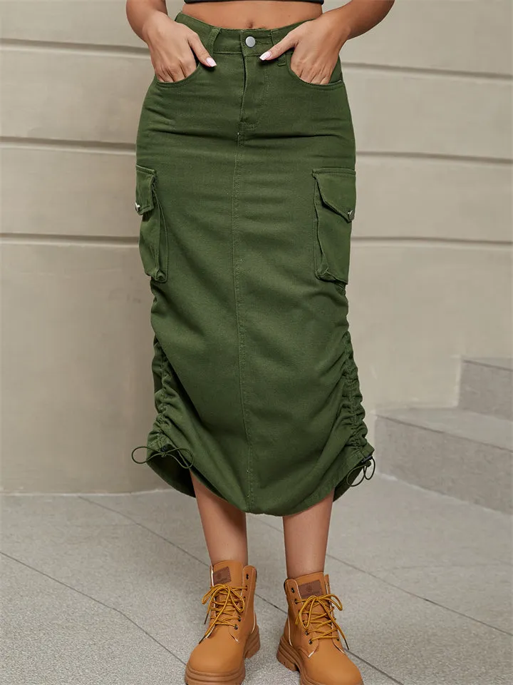 Casual Trendy Mid Length Denim Pockets Skirts for Ladies