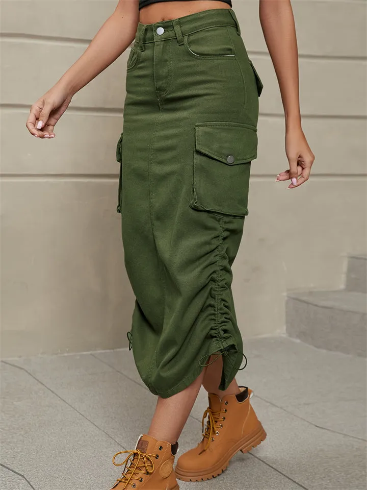 Casual Trendy Mid Length Denim Pockets Skirts for Ladies