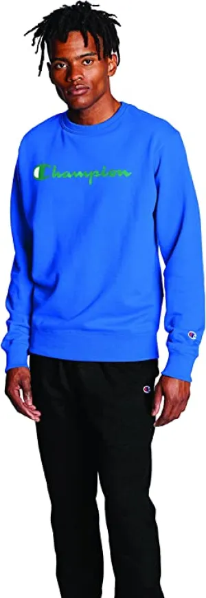 Champion Men's Powerblend Fleece Crew, Fashion (Retired Colors), Balboa Blue Script, Small