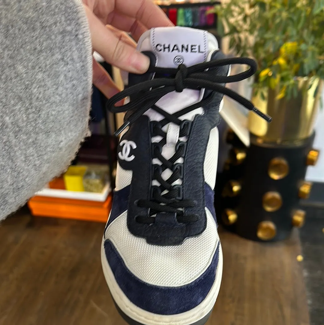 Chanel High Top White and Navy Suede Sneaker 'Sport Ryder'