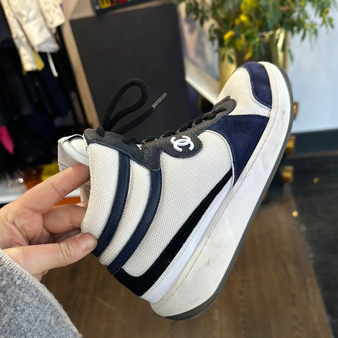 Chanel High Top White and Navy Suede Sneaker 'Sport Ryder'