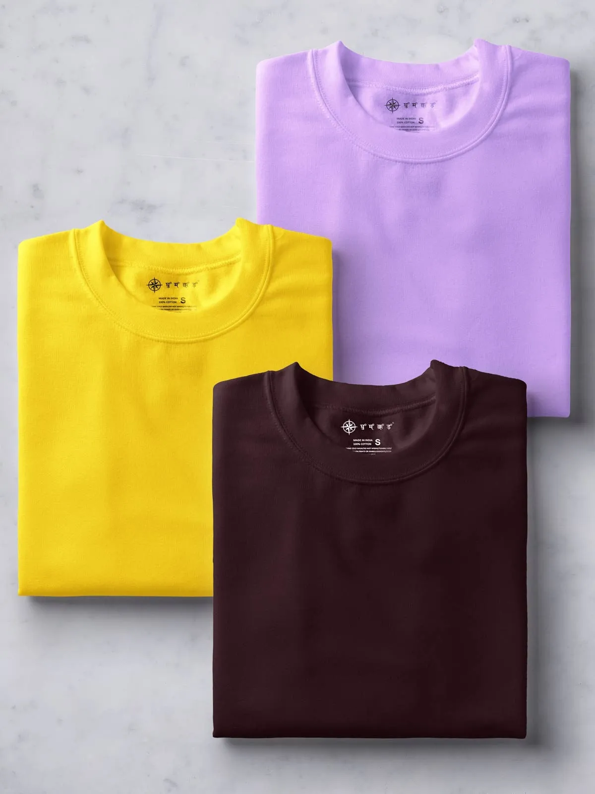 Coffee Brown, Yellow & Lavender Combo T shirt | Pack of 3
